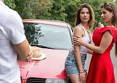 Alice and Cathy Heaven are sharing a pretty nice hard cock in the bed