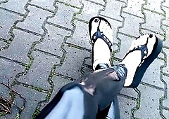 Public crossdressing in spandex leggings and g-string platforms with Heelex