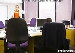 London office doxy, Sienna Day, blows her Boss' hard ramrod, slobbering on, sucking & screwing his inflexible shlong until that babe takes hi