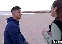 Naughty Latina Amy Redhead sucks a massive throbbing cock by the beach