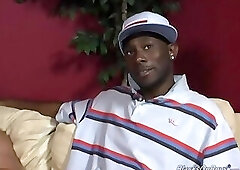 Chubby bald guy does decent deepthroat on a black cock