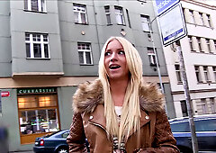Naughty blonde Czech finds herself sucking on stranger's dick in the outdoors