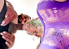POV Purple body stocking, giant knob double Creampie breeding with feet and socks