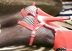 Tattooed brunette hair dominant-bitch in red heels and fishnets worships and rides a beefy stiffy.