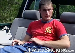 Hardcore chainsmoking and cock jerking by horny Devon and two other bad studs