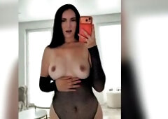 A hawt angel in tall leather boots passionately rides a thick sex toy. Her thighs move up and down, the boots shine, and this babe groans louder and l