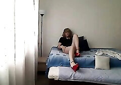 mother I'd like to fuck tgirl shows off and strips and caresses and touches on cam in a white blouse, ebony satin costume, ebony fishnet nylons a
