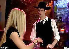 Blond shemale fucks bartender