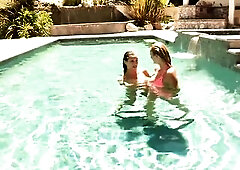 Sexy lez allies giving a kiss in the pool, fingering on the bed, then licking every other's cunts until they the one and the other climax.