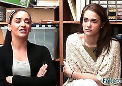 Milf and teen fucking doggy style office threesome