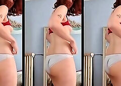 Redhead shemale masturbates and fucks her ass on the mirror