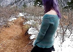 Transgirl pissing in public on a snowy trail