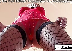 JimsCastings.com movie! Jim meets tall brunette hair Cathy Heaven on the street wearing a hot red suit. They chat for a bit in advance of this guy inv