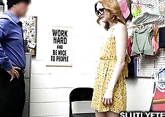 Tiny teen Scarlet explains her side after being detained in the back room.Rusty Nails searches her backpack and finds the stolen items. that babe unde