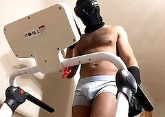 Gray briefs bulge on the treadmill showcasing muscle hunk Reece From Brum