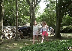 Two amateur teens are having a casual threesome in the forest, with a random horny man