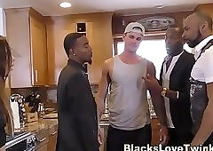 Interracial group bukkake whites face