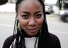 Slender Curvy Black Lalin girl Teases His Rod on the Street, Goes Home to Bang Him... Can't Stop Smiling at His Weenie