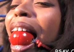 Bondslave chick gets a dildo and a ballgag in bdsm session