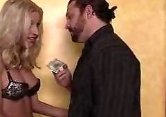 Long-haired blonde shemale rides a fat dude's big fat cock