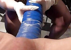 Big boobed BDSM mistress shoves monster dildo up slaves ass