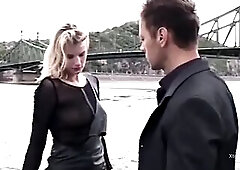 Sexy blond in the clutch of 2 large hard dicks
