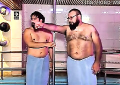 Breasty Colombian mother I'd like to fuck gets screwed all over the sauna by 2 slutty cholos