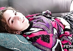 Amateur trans woman reclines on a darksome leather daybed, wanking her jock and using a sextoy previous to fingering her butt in a living-room setting