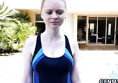 Dressed ginger teen in pov gets banged and swimsuit spermed outdoors