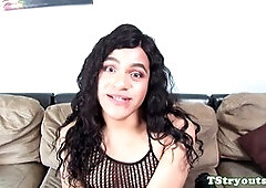 Small tit trans babe shows off and milks during her casting