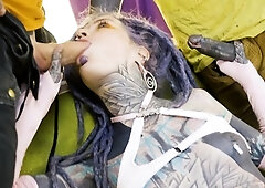Tattooed freak gets the anal double drilling of her dreams