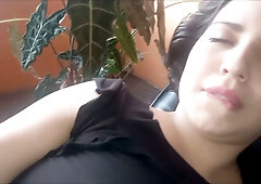 Latina with natural tits takes creampie after intense anal on black leather chair