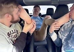 Three-way foot fetish fun with toe sucking, sole licking, and foot worship