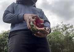 thai worker jacks off with watermelon