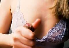 A beauty with red lips jerks off her boyfriend in close-up and brings him to the peak of pleasure.