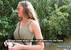 - 19yr old with perfect natural tits sucks cock outside and lets agent fuck her pussy