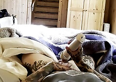 FTM-Tattooed Muscle Hottie Early Morning Jerkoff, Butch, Large Love button, Hitachi, Obese Cunt