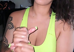 Hot busty brunette chick gives me a long handjob that makes me cum on her hands