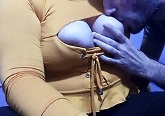 Long session of nipple biting and deep-throating my large natural tits while he enjoys my breastfeeding