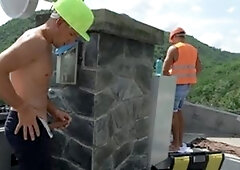 BROMO: Bareback handjob between inked european Denny Chris outdoors