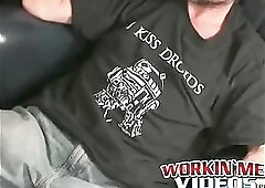 Mature hairy hunk pulls on his throbbing boner and loves it