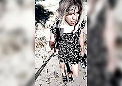 Gorgeous ladyboy in mini costume and sandals walks in very hawt