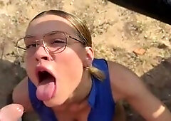 Horny slut takes hard anal and pussy pounding outdoor
