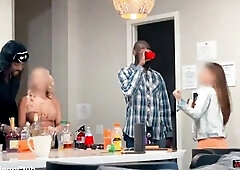 Brunette hair and Golden-haired Doxy Wives Getting Blacked by Basketball Players as Their Cuck Hubbies Film and See