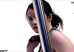 Bulgarian dancer Diana Kolentsova performs an intimate solo pole striptease in a white studio
