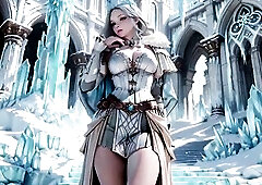 From the dreamy ice palace to the grand crystal hall, chase the silver-haired warrior and mage as they stroll throughout the snowy wilderness. Clothed