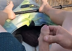 Exciting kayak adventure leads to risky solo pleasure and explosive climax in the middle of the lake