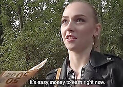 POV babe in leather jacket public fucked outdoor after BJ