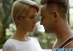 Short haired blond woman, Kit Mercer is giving a oral job to her step- son, in advance of getting banged