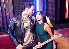 Cute brunette with small tits Ember Snow jumps on a pretty big boner